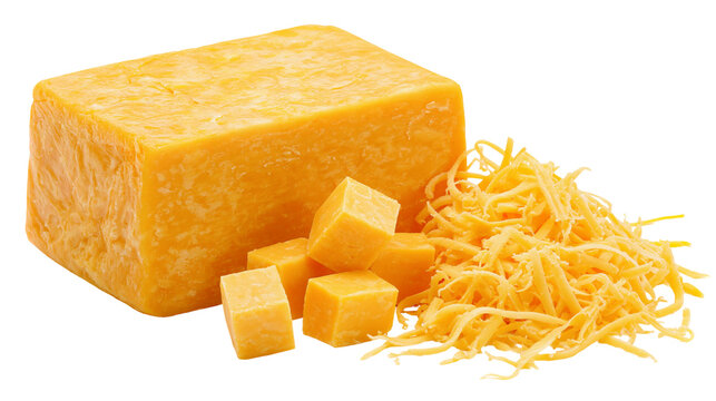 Isolated block of cheddar cheese with cut cubes and delicious shredded cheese for recipes.