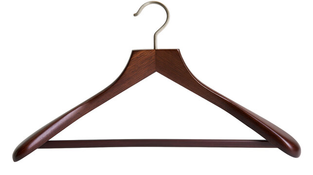 Isolated dark brown wooden clothes hanger for elegant garments and apparel storage display