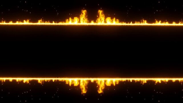 Parallel fire lines burn with bright flames and scattered sparks against darkness