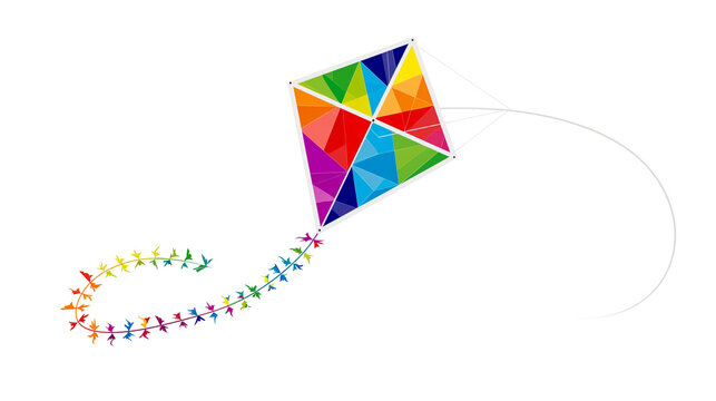 Isolated vibrant polygonal kite flying high with an artistic long tail of many colorful bird shapes