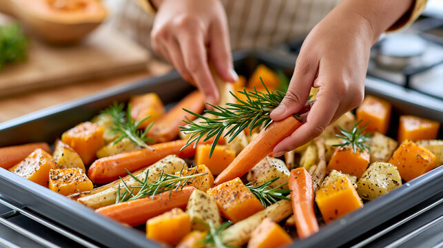 Woman preparing roasted root vegetables on a baking tray, carrots, parsnips, squash and rosemary visible, healthy autumn cooking, simple recipes, meal prep, farm-to-table