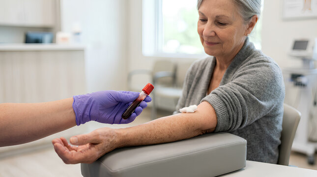 Elderly woman receiving a blood test from healthcare professional in a modern clinic setting