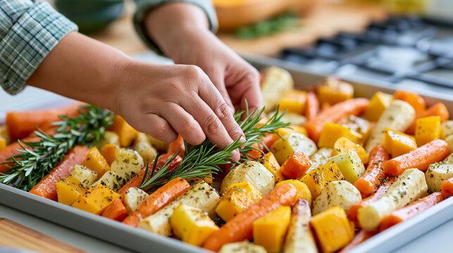 Woman preparing roasted root vegetables on a baking tray, carrots, parsnips, squash and rosemary visible, healthy autumn cooking, simple recipes, meal prep, farm-to-table