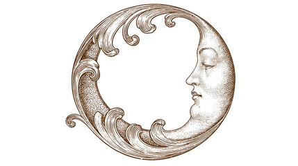 Isolated vintage crescent moon face with elegant antique acanthus scroll engraving illustration © Ioana