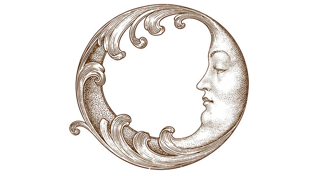 Isolated vintage crescent moon face with elegant antique acanthus scroll engraving illustration