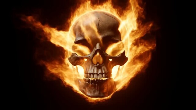Skull surrounded by flames against a black background with fire rising around it