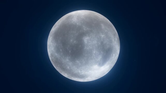 Full moon shines against a deep blue night sky, revealing lunar craters and faint stars