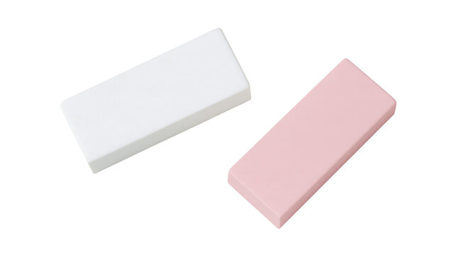 Isolated white and pink rectangular erasers, essential office and school stationery supplies
