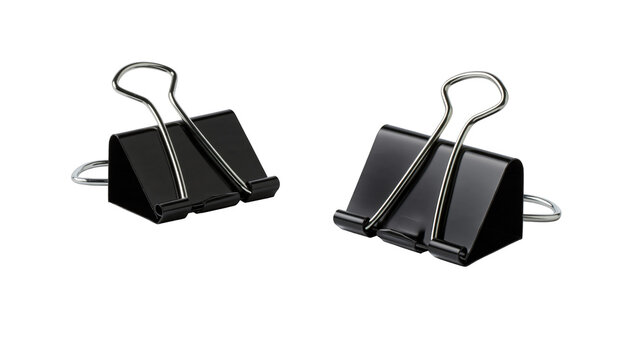 Isolated two classic black binder clips, metal handles, essential office stationery supplies.