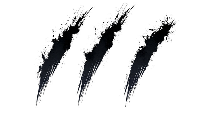 Isolated set of three aggressive black claw marks or grunge paint scratches with splatters
