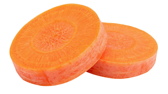 Isolated fresh orange carrot slices, healthy vegetable ingredient for cooking and diet