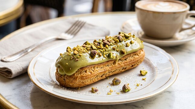 Pistachio eclair on a white plate with a cup of coffee and fork delicious pastry dessert for cafe and bakery advertising close-up shot