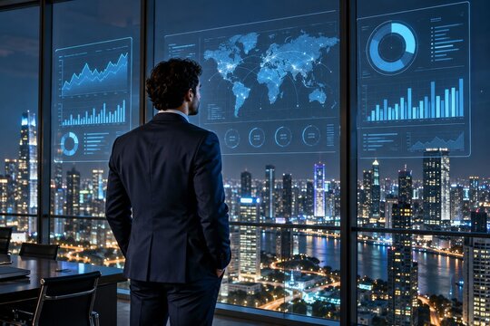 Businessman facing analytical dashboards above an illuminated city skyline at night