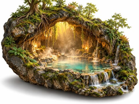 mystical grotto with a crystal-clear pool, surrounded by lush greenery, cascading waterfalls, and sunbeams shining through the cave opening.
