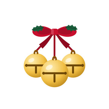 Three golden jingle bells hanging on red ribbons with bow and holly, isolated Christmas vector