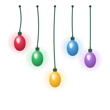Vertical hanging Christmas light bulbs on cords, colorful glowing lamps isolated vector set