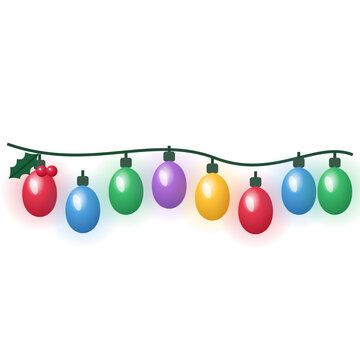 Christmas lights top border with glowing colorful bulbs on wire and holly leaf, isolated vector