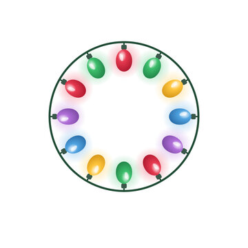 Round frame of Christmas lights with glowing colorful bulbs on circular wire, isolated vector