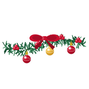 Christmas pine garland with red berries, baubles and ribbon bow, horizontal border isolated vector