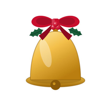 Golden Christmas bell with red ribbon bow and holly leaves, isolated vector illustration on transparent background