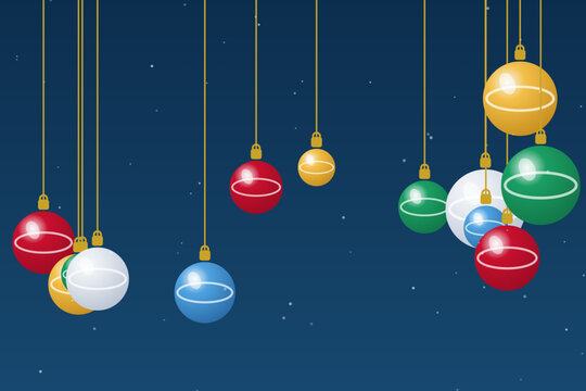 Christmas baubles hanging on golden strings over dark blue background, festive vector backdrop