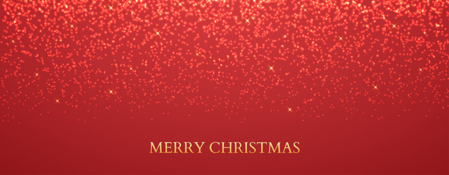 Merry Christmas greeting card with glowing red glitter particles. Golden sparkling stars on rich red background for festive greeting, holiday banner or elegant winter design. Vector illustration.