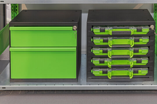 Drawers Tool Boxes Cabinet at Metal Shelf Storage in Workshop Service Garage