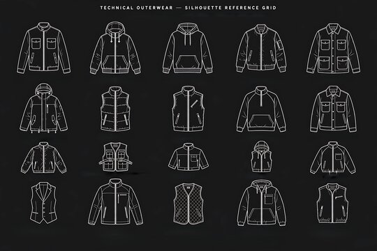Technical outerwear silhouette reference grid, jacket and vest line art vector set, fashion design flat sketch templates, apparel industry clothing blueprints