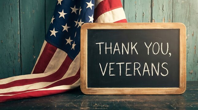 American flag and chalkboard with Thank You Veterans message on rustic wooden veterans day
