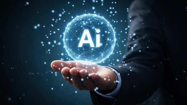 Businessman holding open palm presenting glowing blue spherical artificial intelligence orb