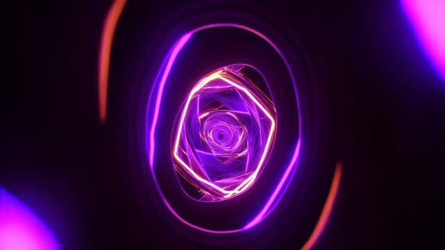 Neon light tunnel creates a deep purple geometric vortex with glowing nested rings
