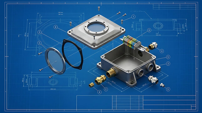 Industrial Explosion Proof Junction Box Isolated Blueprint 3D Model with Exploded Part Diagram for Electrical Engineering Hazardous Area and Industrial Design