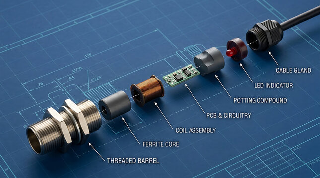 Industrial Inductive Proximity Sensor Macro 3D Blueprint with Exploded Part Diagram for Automation Engineering Sensor Technology and Instrumentation