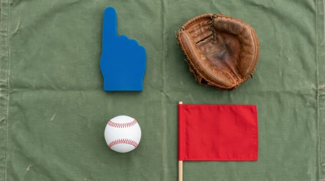 A baseball glove with a ball and a blue foam finger sit together.