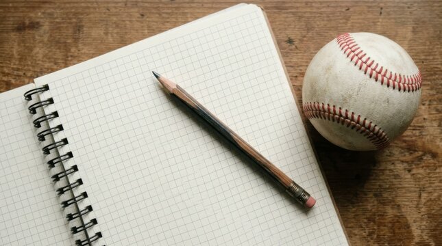 A pencil lies on a grid notebook next to a worn baseball on wood.