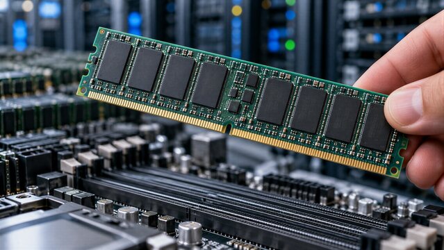 DDR RAM Memory Module with Chips, Disconnected from Motherboard for AI Data Center Production.