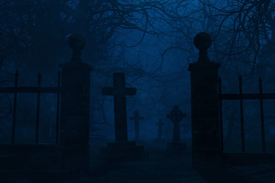 Moody blue night image of a foggy gothic cemetery entrance. Wrought iron gates stand before ancient crosses and gnarled, skeletal trees in a dark, mysterious graveyard scene.