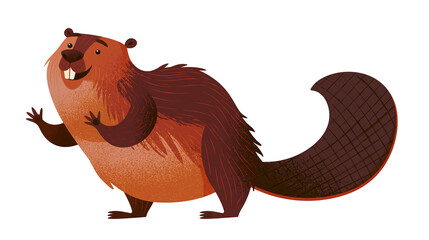 Isolated cute smiling cartoon beaver character standing with raised paws, adorable rodent illustration © Lucas