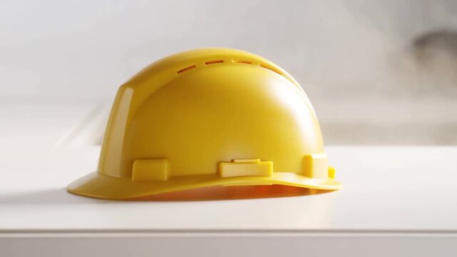 Yellow hard hat rests motionless on a white desk in a bright indoor workspace