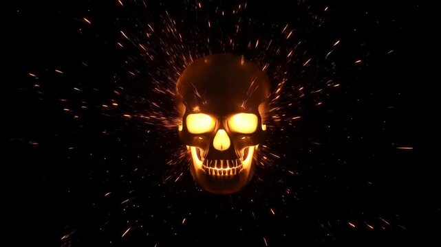 Glowing skull emits bright orange sparks that streak outward against a black background