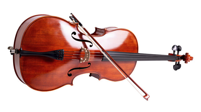 Isolated wooden cello with bow resting on a beautiful classical string instrument