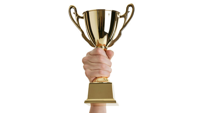 Isolated hand holding gleaming golden trophy, celebrating success, victory, and achievement.