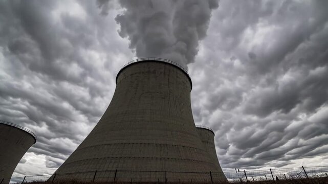 Massive concrete tower produces billowing steam against threatening dramatic storm clouds. Power plant stands ominous and quiet while stormy overcast weather gathers across industrial horizon.