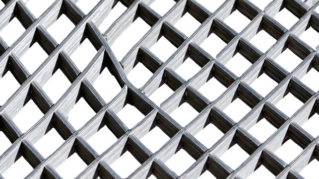 Isolated abstract close-up of a textured metallic grid pattern, industrial steel grating design.