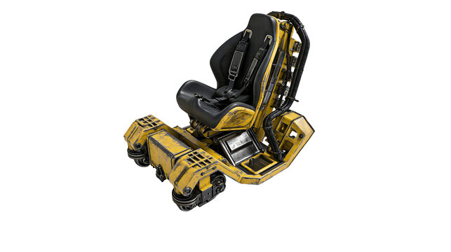 Isolated futuristic industrial vehicle seat with rugged design and safety harness.