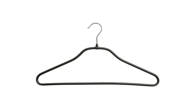 Isolated stylish black rubberized clothes hanger with a metallic silver hook for wardrobe management.