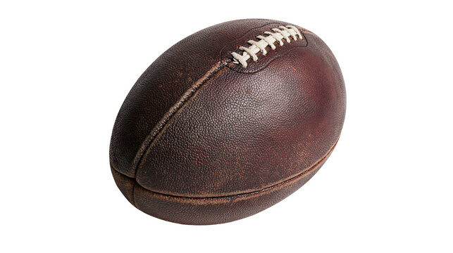Isolated classic vintage American football, brown leather old sports equipment, retro game ball