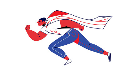 Isolated cartoon illustration of a determined man running fast with a superhero cape flowing © Vincent
