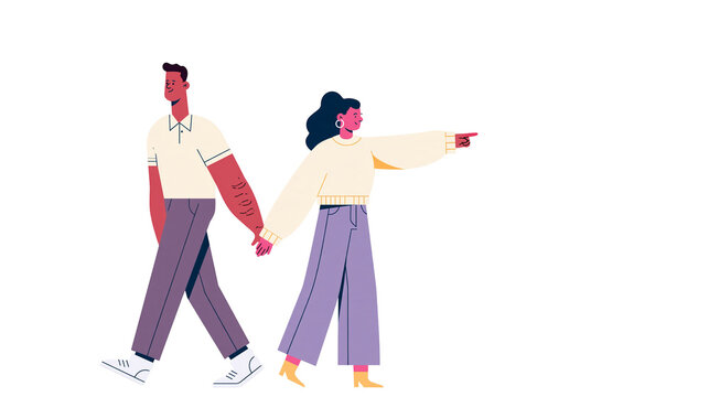 Isolated couple walking together holding hands, woman pointing the way forward, partnership journey.