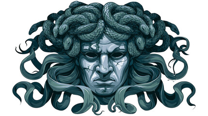 Isolated ancient Greek mythology Medusa gorgon head with intertwining snakes for hair artwork. © Vincent